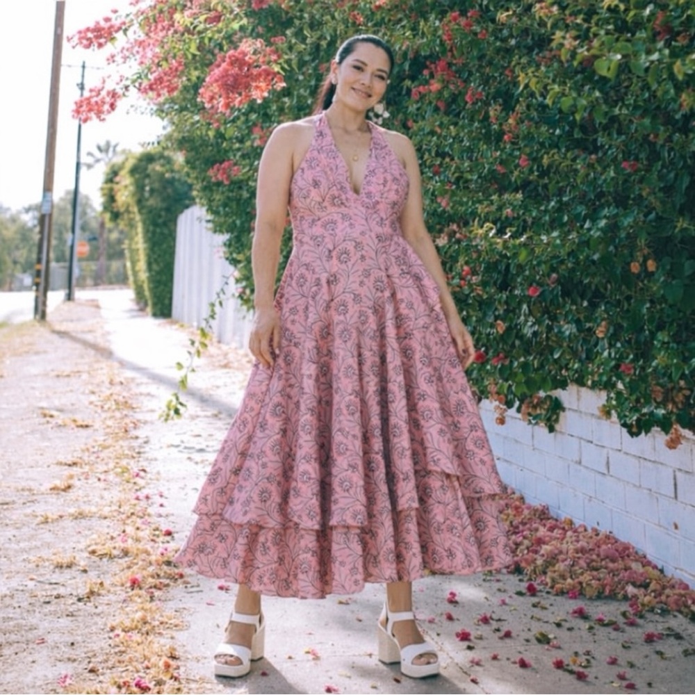 J. Crew Collection Plus Size 18 Pink Paisley Tiered Midi Dress Boho Halter Flowy